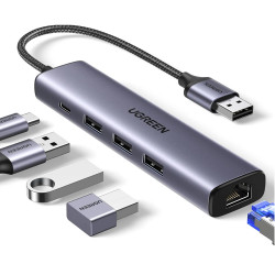 Bộ chia USB Ugreen 60554 1 ra 3 cổng USB 3.0 và 1 Lan 100/1000 (hỗ trợ thêm nguồn phụ 5V)