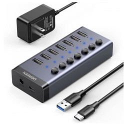 Bộ chia USB Ugreen 90305 1 ra 7 cổng USB 3.0 (công tắc, kèm nguồn 12V2A)