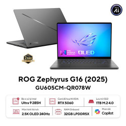 Laptop Asus Gaming ROG Zephyrus G16 GU605CM-QR078W (Ultra 9 285H/ 32GB/ 1TB SSD/ RTX 5060 8GB/ 16 inch 2.5K/ 240Hz/ Win11/ Grey/ Túi/ Sạc nhanh/ Vỏ nhôm)