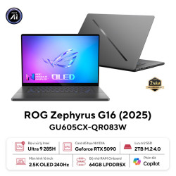 Laptop Asus Gaming ROG Zephyrus G16 GU605CX-QR083W (Ultra 9 285H/ 64GB/ 2TB SSD/ RTX 5090 24GB/ 16 inch 2.5K/ 240Hz/ Win11/ Grey/ Chuột/ Túi/ Vỏ nhôm)