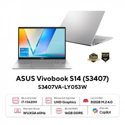 Laptop Asus Vivobook S14 S3407VA-LY053W (i7 13620H/ 16GB/ 512GB SSD/ 14 inch WUXGA/ Win11/ Silver/ Vỏ nhôm)